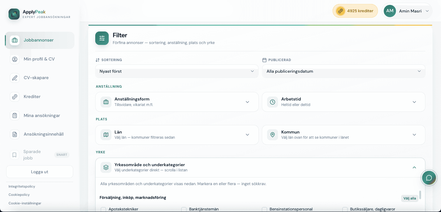 ApplyPeak filtervy med sortering och plats