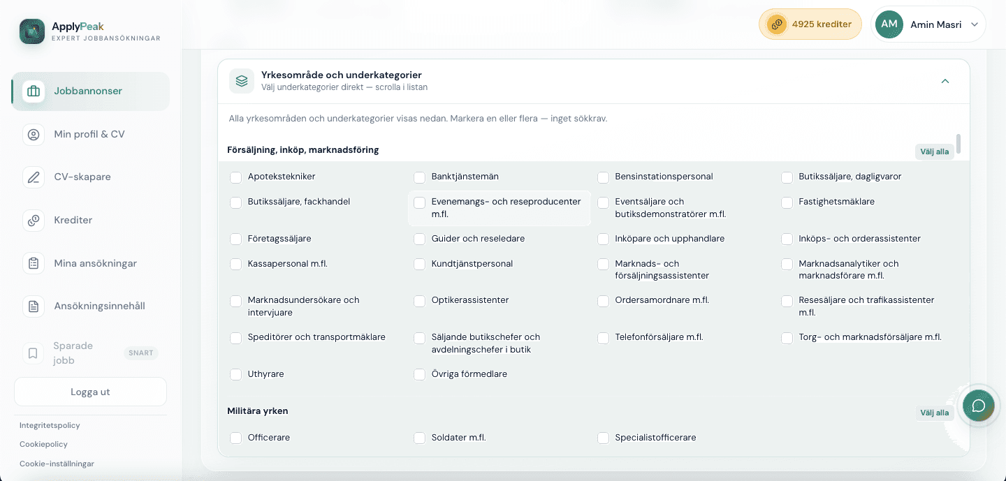Yrkesområde och underkategorier i ApplyPeak