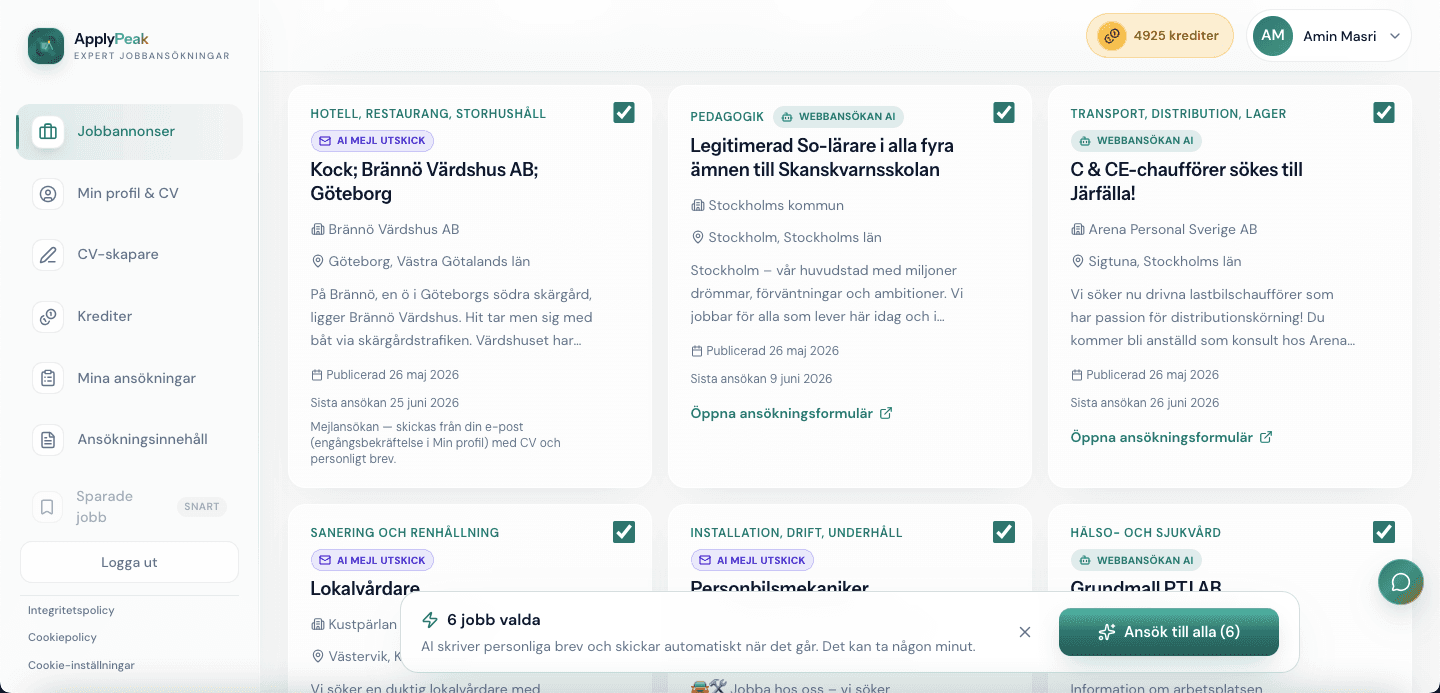 Jobbkort med bulk-ansökningsfält