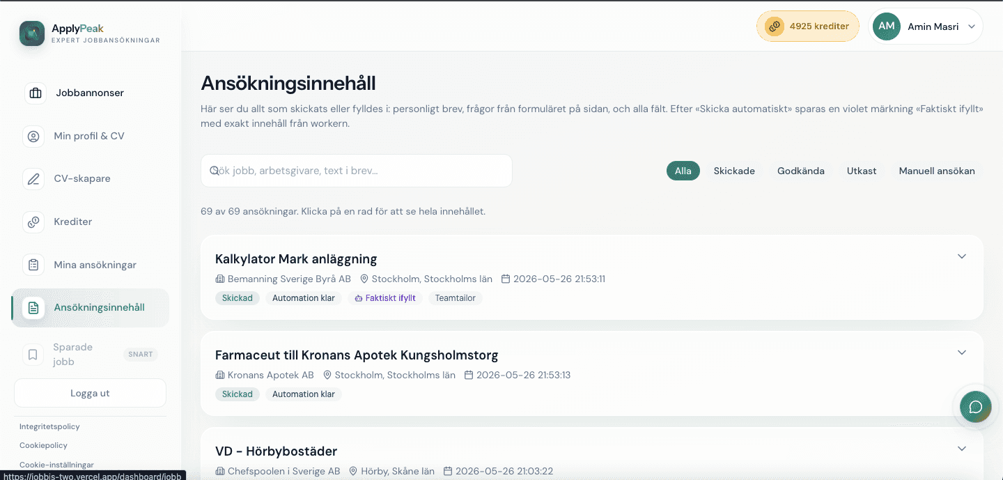 Ansökningsinnehåll med filter och status